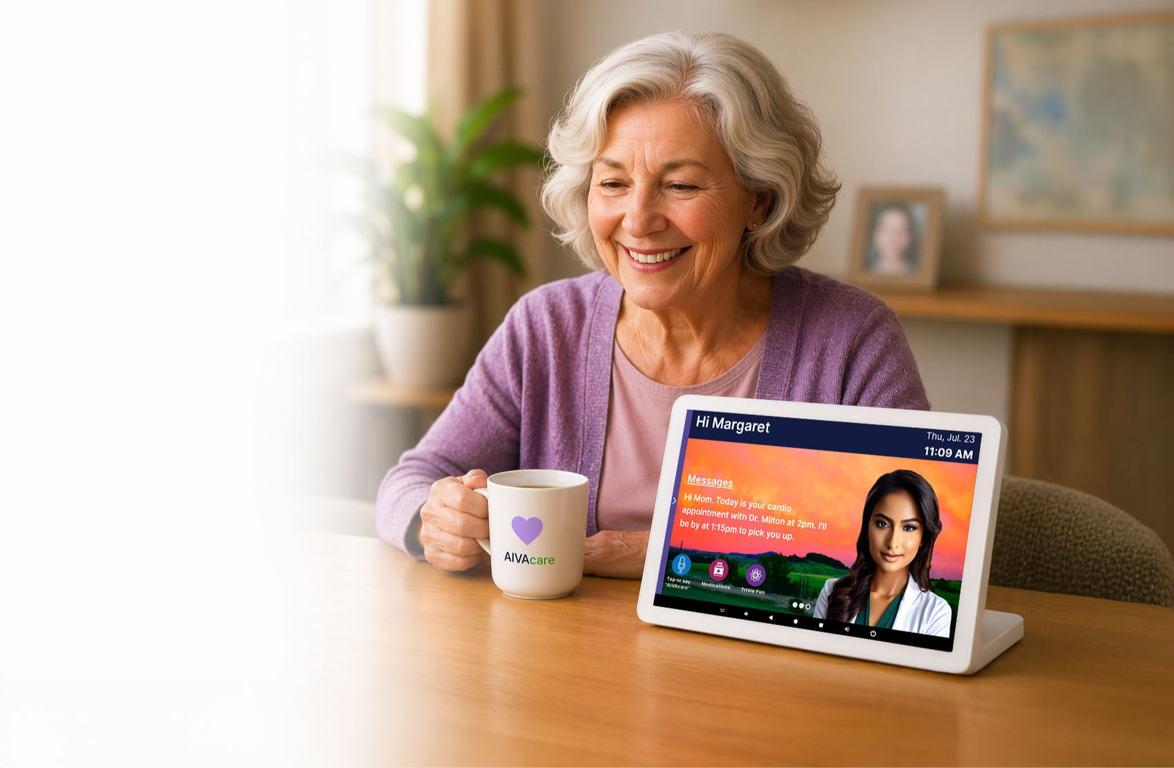 A smiling senior chatting with AIVA, the on-screen companion, on the AIVAcare smart display
