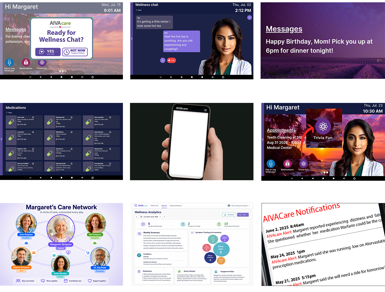 AIVAcare platform screens: daily summary, wellness report, and conversation view